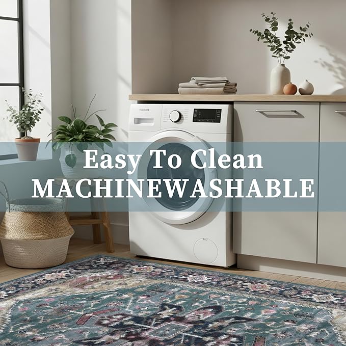 Enkor Area Soft Rugs 5x7 Washable Non Slip Boho Floor Rugs for Living Room Bedroom, Vintage Style Farmhouse Mat for Kitchen Entryway Purple & Green