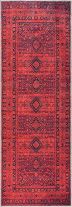 Bloom Rugs Washable Non-Slip 7 ft Runner - Red Traditional Bordered Runner for Entryway, Hallway, Bathroom, and Kitchen - Exact Size: 2.5' x 7'
