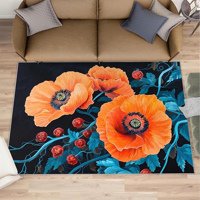 3x5 Poppy Dorm Rug - Retro Flowers Art Small Rugs for Bedroom, Rustic Florals Art Area Rug Washable Non Slip for Bedroom Kitchen Living Room Entryway
