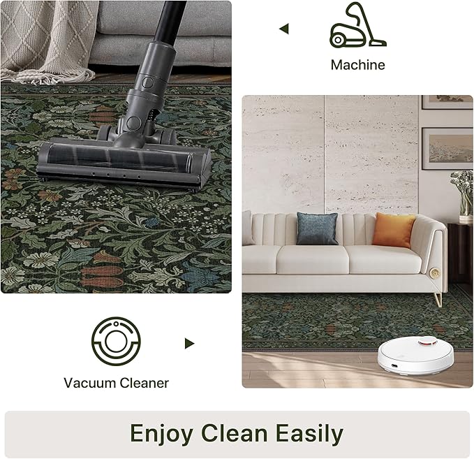 Bavni Floral Dark Green Area Rugs 5x7, Vintage Boho Carpet Machine Washable, Non Slip Soft Low Pile Thin Rug for Bedroom, Living Room, Dining Room, Nursery