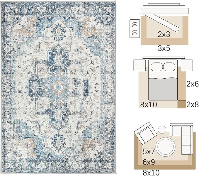 jinchan Kelda Area Rug 4x6 Washable Bedroom Rug Vintage Indoor Floor Cover Distressed Lightweight Non-Slip Low Pile Thin Mat Accent Stain Resistant Carpet for Living Room Dining Room Office Blue