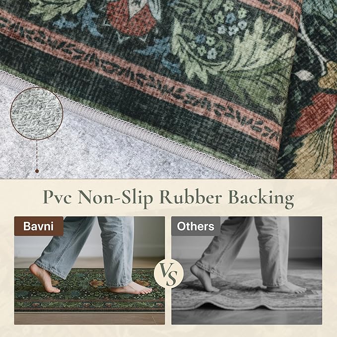 Bavni 5x7 Area Rugs for Living Room, Microfiber Machine Washable Non-Slip Vintage Floral Rug, Low Pile Lightweight Carpet for Bedroom, Dining Room, Home Office, Dark Green