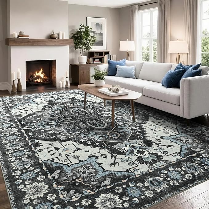 Large Area Rugs 9x12 for Living Room, Bedroom, Washable Vintage Rugs -Low Pile Distressed Rugs for Kitchen, Dining Room, Water Repellent & Non Shedding, Black and Blue