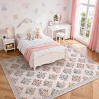 Wonnitar 8x10 Washable Rug, Pink Rugs for Girls Bedroom Decor, Boho Ultra-Thin Non Slip Soft Moroccan Floral Large Carpet for Living Room Baby Nursery Kids Playroom, Pale Pink