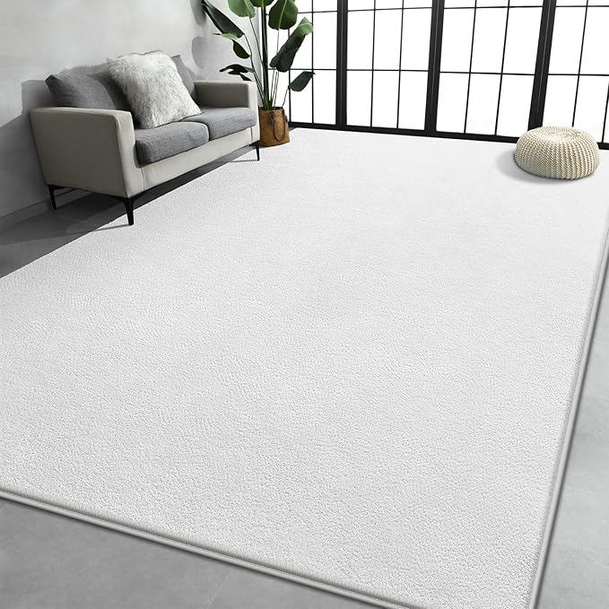 Large Area Rugs for Living Room Bedroom, 7x10 Feet White Rug, Minimalist Modern Shag Rug, Soft Thick Comfy Memory Foam Indoor Carpet, Non-Slip Washable Rug for Boys Girls Dorm Nursery Room Home Decor