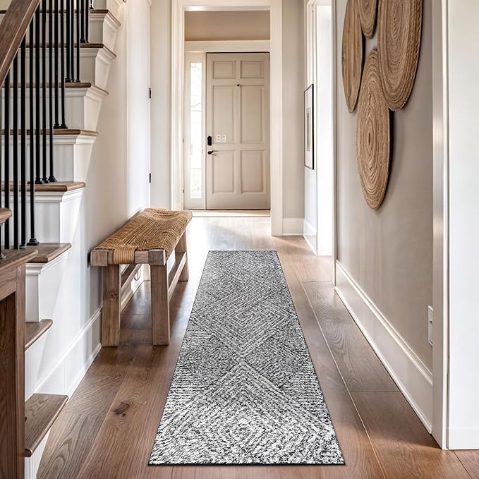 Rugshop Geometric Diamond Stripe Shag Runner Rug White 2' 3" x 8' Perfect for Hallways, Kitchens, or Behind The Sofa