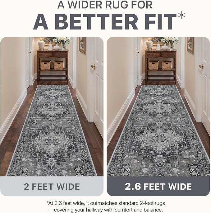 Runner Rug 2'6''x6, Machine Washable Runners, Non Slip Vintage Hallway Runner Rugs, Low Pile Lightweight Mat for Entryway, Hallway, Kitchen and Corridor, Dark Gray