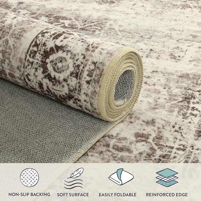 Lahome Washable Rugs 5x7 Boho Living Room Area Rug,Soft Throw Bedroom Area Rug,Retro Distressed Non-Slip Low-Pile Accent Rug Indoor Carpet for Entryway Office Home Decor(5 x 7,Beige)