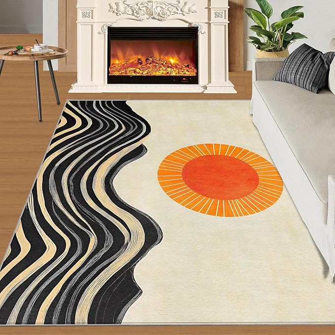 Boho Sun Area Rugs 4x6ft, Watercolor Mountain Carpet for Bedroom, Abstraction Deco Rug for Living Room Easy to Clean for Indoor Outdoor Hardwood Floors Home Decor