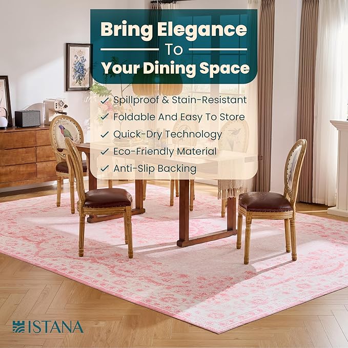 Istana Living Room Rug 10x14 - Pink 10 x 14 Area Rug - Foldable Machine Washable Area Rugs 10x14 - Stylish 10x14 Area Rugs Boho - Stain Resistant Washable Rug 10x14