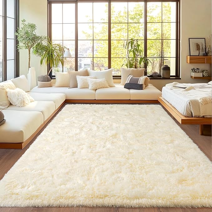 Extra Large Fuzzy Rug Fluffy Rug for Living Room, Big Plush Non-Slip Shag Carpet, Soft Shaggy Rugs for Bedroom Indoor Modern Home Decor Light Champagne 9x12ft