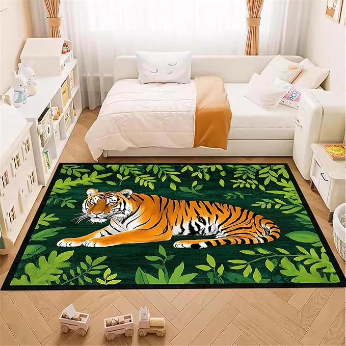 Tiger Rugs，6x8ft,Tiger and Green Leaf Print Rug for Living Room，A Colorful and Artistic Tiger Rug, Perfect for A Children's Play Area，Machine Washable Non-Slip Carpet Suitable for Bedroom and Study