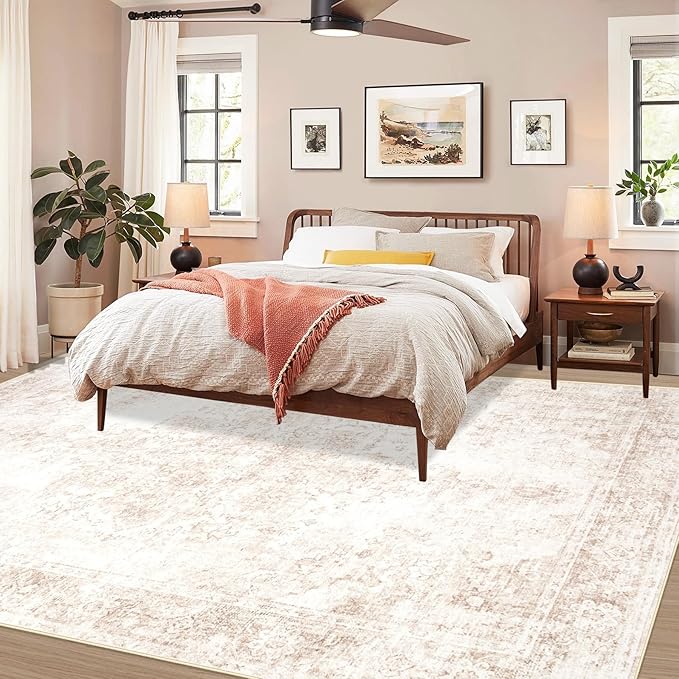 Vintage Living Room Area Rug - 5x7 Large Machine Washable Boho Moroccan Rug Distressed Farmhouse Rugs for Bedroom - Soft Non-Slip Indoor Carpet for Dining Room Office Nursery(Retro Beige, 5'x7')