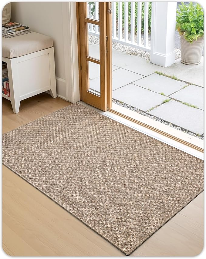 Color&Geometry Thin Front Door Mat Indoor Entrance Non Slip Rubber Backed, 24"x36" Indoor Door Mats for Entryway, Dirt Trapper Doormat, Washable Front Door Rugs, Khaki (Rolled-up NO Creases)