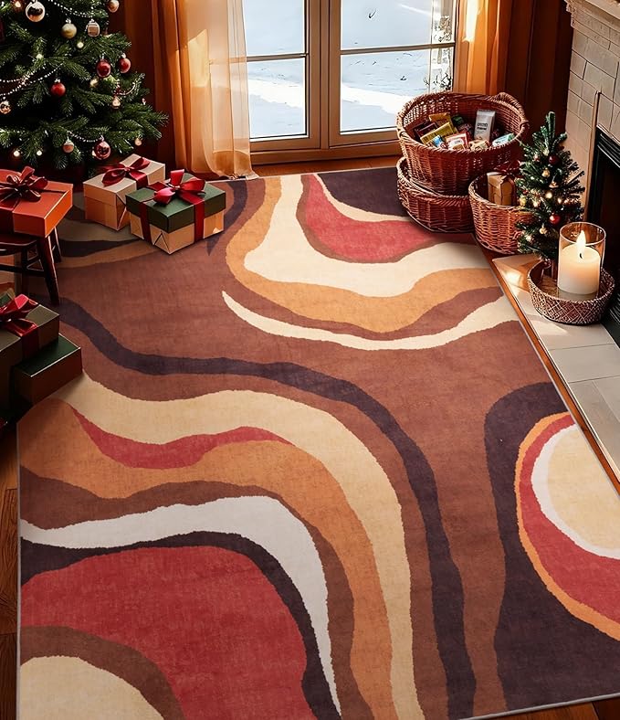 YIHOUSE Burnt Orange Rug 4x6 Washable,Farmhouse Brown Retro Carpets,Geometric Abstract Wavy Rug for Bedroom,Unique Colorful Rugs for Living Room,Dining Room,Bedside Rugs