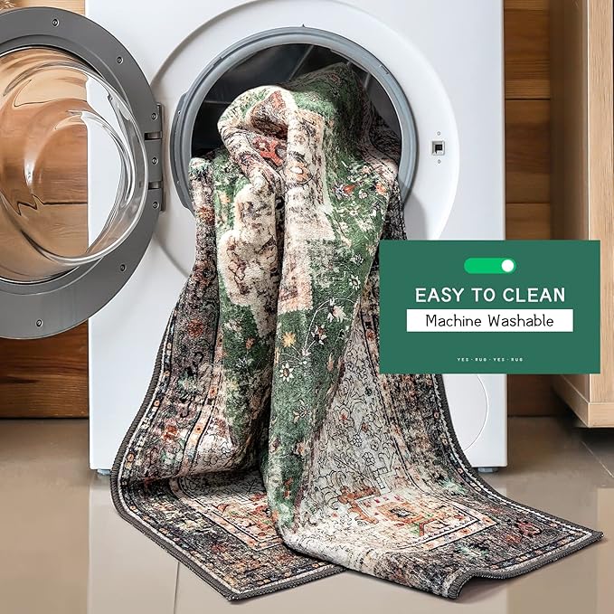 Boho Area Rug 3x5 Green Rug Washable Vintage Rug for Kitchen Living Room Bedroom Bathroom Office Low Pile Non Slip Floor Carpet