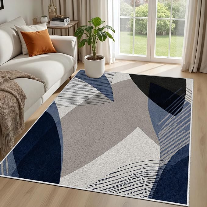 Abstract Art Line Living Room Area Rugs 3x4, Modern Boho Geometric Print Soft Rug, Minimalist Washable Non Slip Neutral Carpet for Bedroom, Dining Room Office Playroom, Navy Blue Gray