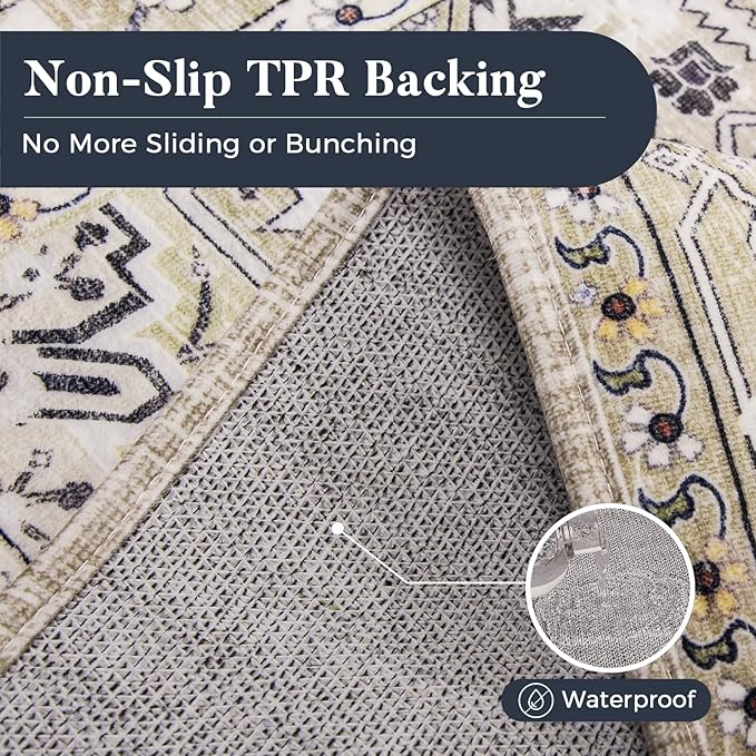 PURRUGS Vintage Farmhouse Boho Throw Rug 2x3 ft, Non-Slip Machine Washable Rug, Accent Oriental Area Rug for Entryway, Kitchen, Bedroom, Living Room and Dining Room, Taupe/Vanilla