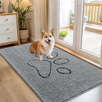 OLANLY Dog Door Mat for Muddy Paws 54x32, Paw Print Design, Absorbs Moisture and Dirt, Absorbent Non-Slip Washable Doormat, Quick Dry Chenille Mud Mat for Dogs, Entry Indoor Entryway Carpet, Grey