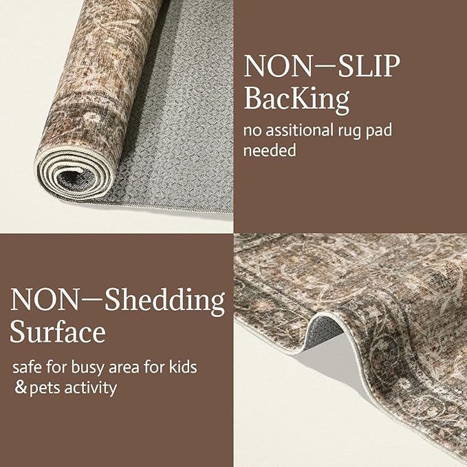 6x9 Washable Rug Vintage Fade Resistant Boho Distressed Non-Slip Indoor Large Carpet Low Pile Lightweight & High-Traffic Safe for Bedroom, Dorm, Playroom - Farmhouse Decor
