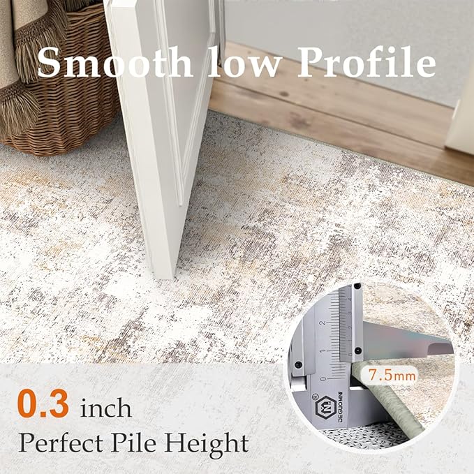 2x4 Washable Runner Rug Beige Grey Abstract Hallway Kitchen Throw Rug Neutral Modern Non Slip Soft Low Pile Carpet for Bathroom Laundry Bedroom Living Room
