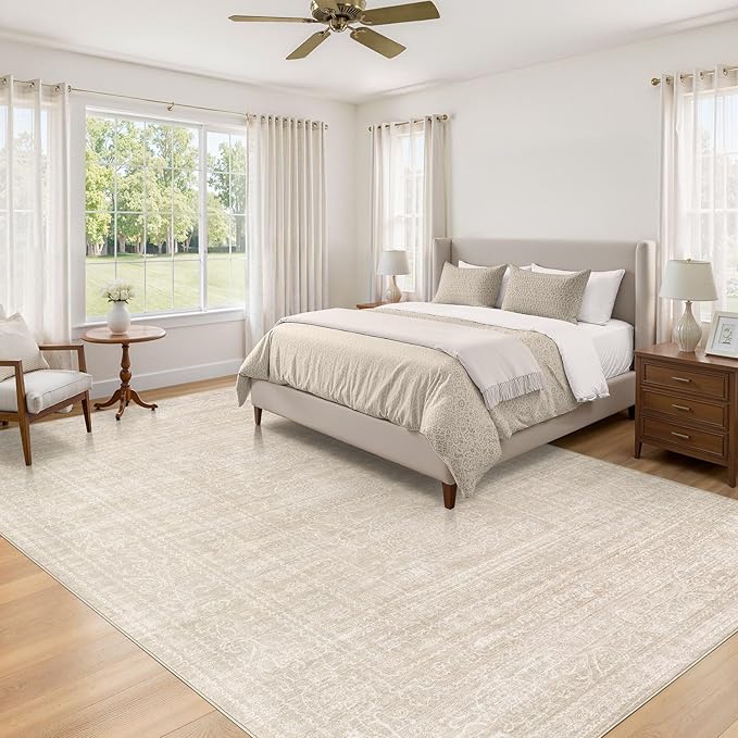 8x10 Area Rugs Living Room: Washable Large Vintage Beige Rug Neutral Non-Slip Soft Stain Resistant Indoor Carpet for Bedroom Nursery Dining Room Under Table Bed Home House Office Playroom