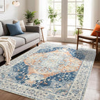 Area Rugs 5x7, Low Pile Washable Rugs, Soft Vintage Distressed Rugs for Bedroom, Living Room, Dining Room, Water Repellent, Non Shedding, Blue and Orange