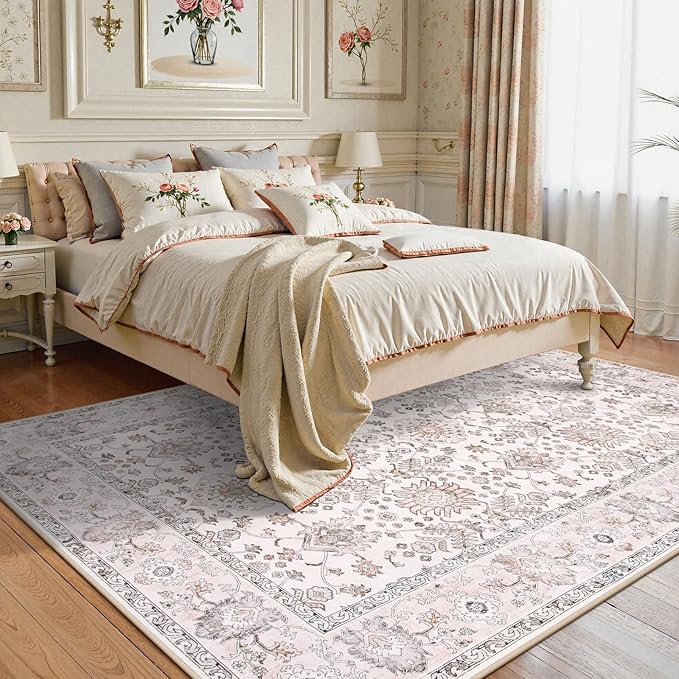 Lahome Boho Bedroom Rugs 8x10 Non Slip, Washable Pink Rugs for Bedroom Girls Ultra-Thin,Vintage Large Carpet for Living Room Dining Room Nursery Room Dorm Classroom (Pink, 8' x 10')
