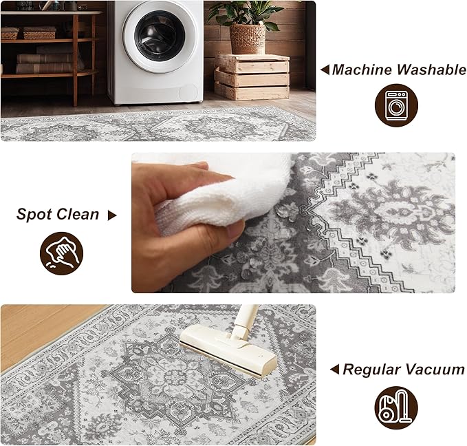 XWZO Runner Rug 2x6ft, Washable Hallway Runner with Non-Slip Backing, Vintage Spill Stain Resistant Floor Mat for Entryway Corridor Bedroom Kitchen, Soft Low-Pile Area Carpet, Grey