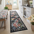 2x6 Machine Washable Runner Rug, Kitchen Hallway Area Rug Black Vintage Boho Floral Ultra Non-Slip Low Pile Soft Faux Wool Carpet, Kids and Pets Friendly for Bedroom Entryway Nursery Home Decor Rug