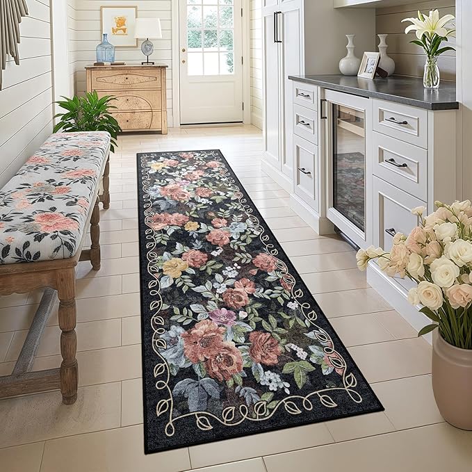2x6 Machine Washable Runner Rug, Kitchen Hallway Area Rug Black Vintage Boho Floral Ultra Non-Slip Low Pile Soft Faux Wool Carpet, Kids and Pets Friendly for Bedroom Entryway Nursery Home Decor Rug