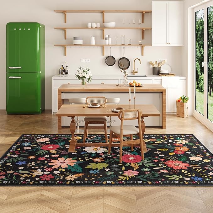 Living Room Rug 8x10 Rug Machine Washable Boho Area Rug Non Slip Floral Vintage Low Pile Large Rugs for Living Room, Bedroom, Farmhouse, Dining Room (Black)