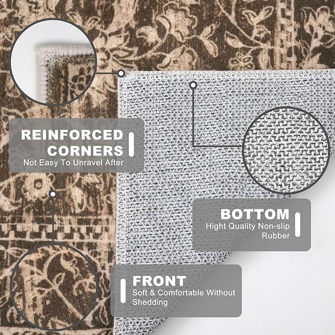 KILOCOCO Small Area Rug 2x3 Entryway Rugs Washable Rug Printed Vintage Floral Non-Slip Kitchen Rug Indoor Door Mat, Accent Throw Small Rugs for Laundry Room Bedroom Entrance, Rust Brown Red
