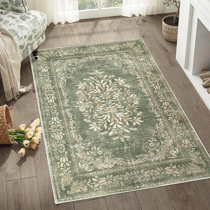 jinchan Green Floral 3x5 Area Rugs for Entryway - Machine Washable Vintage Distressed Design Low-Pile Soft Non-Shedding Carpet for Kitchen Bedroom Entrance Laundry Living Room (3x5ft,Dark Green)