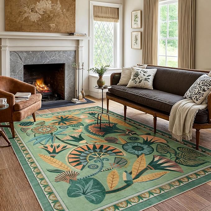 5x7 Floral Rug, Green Rug for Living Room, Washable Low Pile Bedroom Rugs, Non Slip Throw Rugs with Rubber Backing, Soft Carpet for Dining Room Home Office Playroom