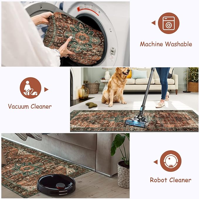 Moynesa Ultra-Thin Washable Runner Rug - 2x6 Non-Slip Non-Shedding Hallway Runner, Stain Resistant Kitchen Mat Laundry Entryway Carpet for Doorway Bedside, Brick Red/Dull Teal