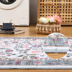 Floral Washable Rug 4x6, Non-Slip Low Pile Botanical Carpet, Vintage Farmhouse Area Rug for Bedroom Nursery Kids Room Home Decor, Light Blue