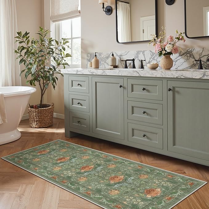 Bavni 2'6''x6 Runner Rug,Microfiber Washable Non-Slip Vintage Floral Rugs,Low Pile Lightweight Carpet for Bedroom,Hallway,Entryway,Kitchen,Bathroom, Bean Green