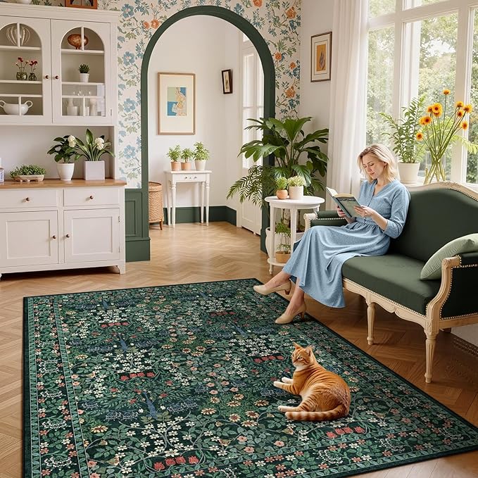 5x7 Area Rugs Living Room Rug - Floral Vintage Morris-Inspired Washable Carpet, Low Pile Non-Shedding Stain Resistance Boho Soft Carpet for Bedroom, Dining Room, Office, Farmhouse (5'x7' Dark Green)