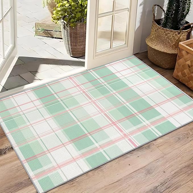 Plaid Rug 3x5 - Mint Green Tartan Gingham Rugs for Bedroom Non Slip Low Pile Machine Washable Area Rugs for Living Room Kitchen, Plaid Carpet House Decor & Gifts