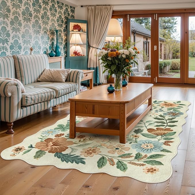 Lahome Floral Living Room Rug, 5x7 Rugs for Bedroom Ultra-Thin Soft Washable Dining Room Rug, Non Slip Stain Resistant Boho Low-Pile Throw Carpet for ‎Office (5x7ft,Beige)