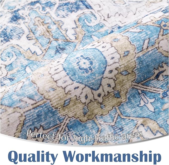 jinchan Kelda Area Rug 3x5 Washable Entryway Rug Vintage Soft Indoor Floor Cover Retro Distressed Mat Accent Lightweight Non-Slip Thin Carpet for Kitchen Bathroom Living Room Bedroom Blue