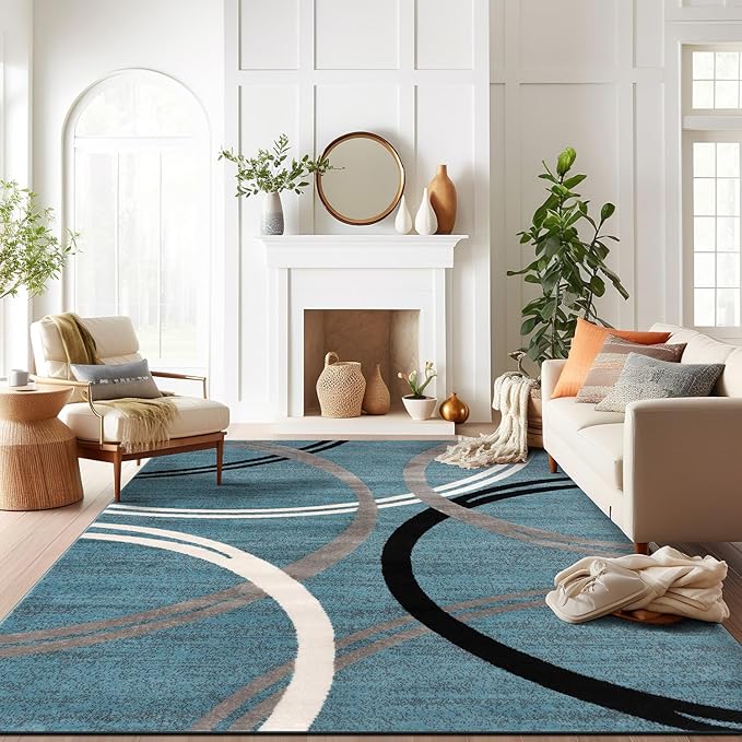 Rugshop Modern Wavy Circles Design Area Rug, Non-Shedding Carpet for Living Room, Bedroom, or Dining Room, Grand Room,Open Spaces,Blue, 10' x 14'