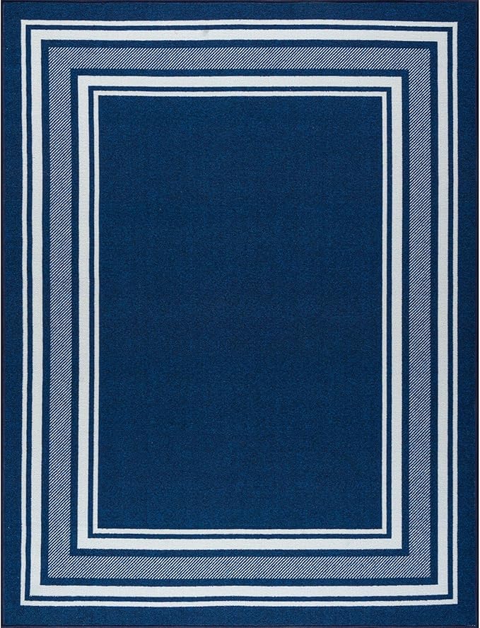 Beverly Rug Non Slip Area Rugs 3x3 Modern Bordered Non Skid Rubber Backing Soft Area Rug for Living Dining Room Easy to Clean Non Shedding Kitchen Bedroom Indoor Carpet 3 x 3 Navy