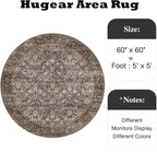 Hugear Round Rug 5ft Entryway Rugs Machine Washable Tradition Brown Hallway Area Rug 5x5 Small Circle Accent Rug Floral Low Pile Carpet Soft Throw Rug Living Room Office Laundry Room Entrance Non Slip
