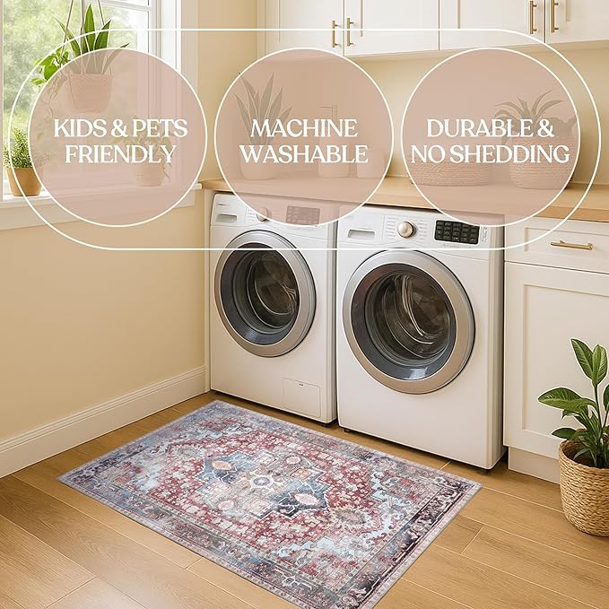Washable Area Rug, Modern Farmhouse, Vintage, Turkish, Bohemian, Distressed, Oriental, Traditional, Rugs for Living Room, Dining, Bedroom, Office, Entryway, Foyer, (858rm, 2' x 3')