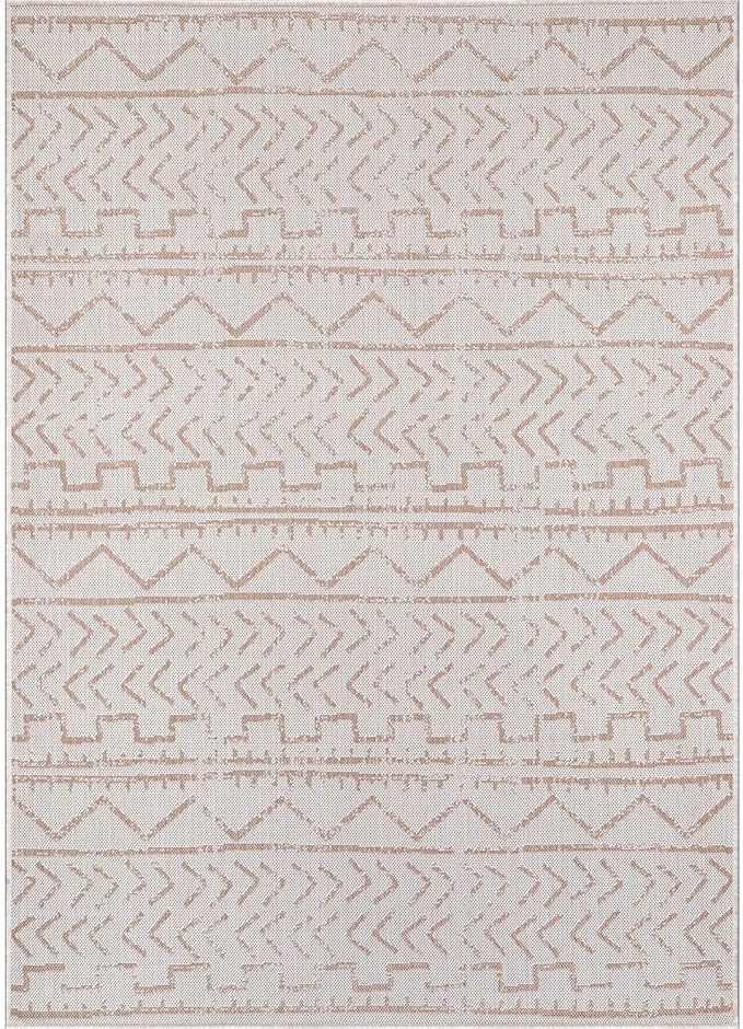 Beverly Rug Waikiki Indoor Outdoor Rug 6x9, Washable Outside Carpet for Patio, Deck, Porch, Trellis Area Rug, Water Resistant, Beige - White