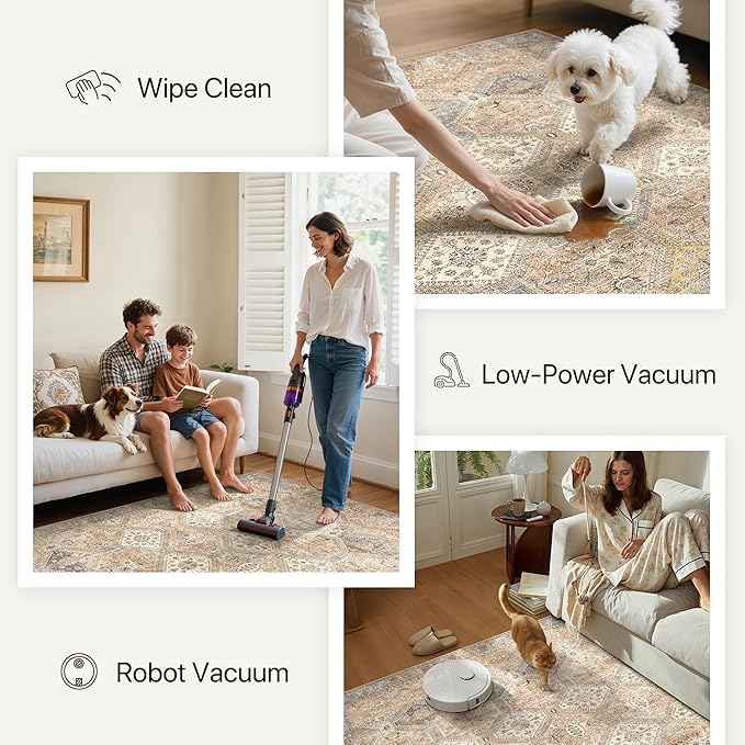 Bavni Clearance 5x7 Area Rugs for Living Room, Machine Washable Rug Non Slip, Vintage Chenille Distressed Print Carpet, Large Low Pile Ultra-Thin Lightweight Rugs for Bedroom, Dining Room, Wood Brown