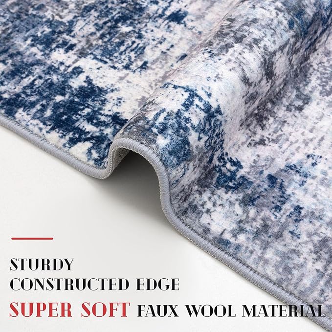 Modern Abstract Hallway Runner Rug, Grey Navy Blue Multi 2x8 Runner Rug, Washable Kitchen Runner Non-Slip Soft Thin Print Faux Wool Carpet for Entryway Bedroom Laundry Room Indoor