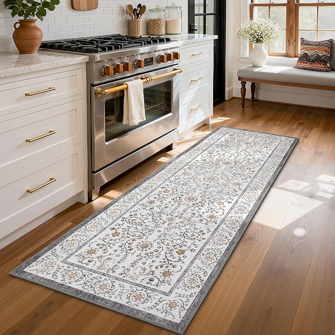 GarveeHome Boho 2x6 Runner Rug for Hallways Non Slip, Vintage Botanical Kitchen Rugs Washable Area Rug for Entryway Stain Resistant, Low Pile Soft Runner Grey Carpet for Bedroom Floor Laundry Room